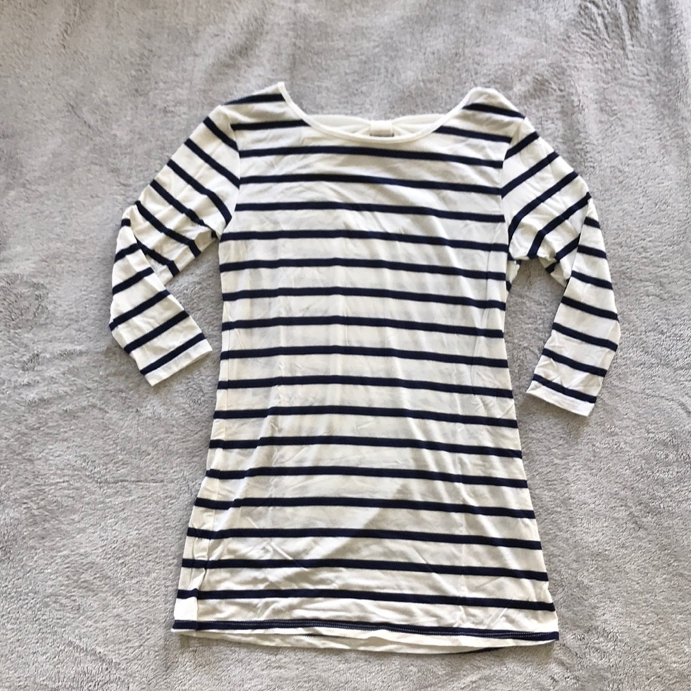 Blue and white striped 3/4 sleeve shirt with bow